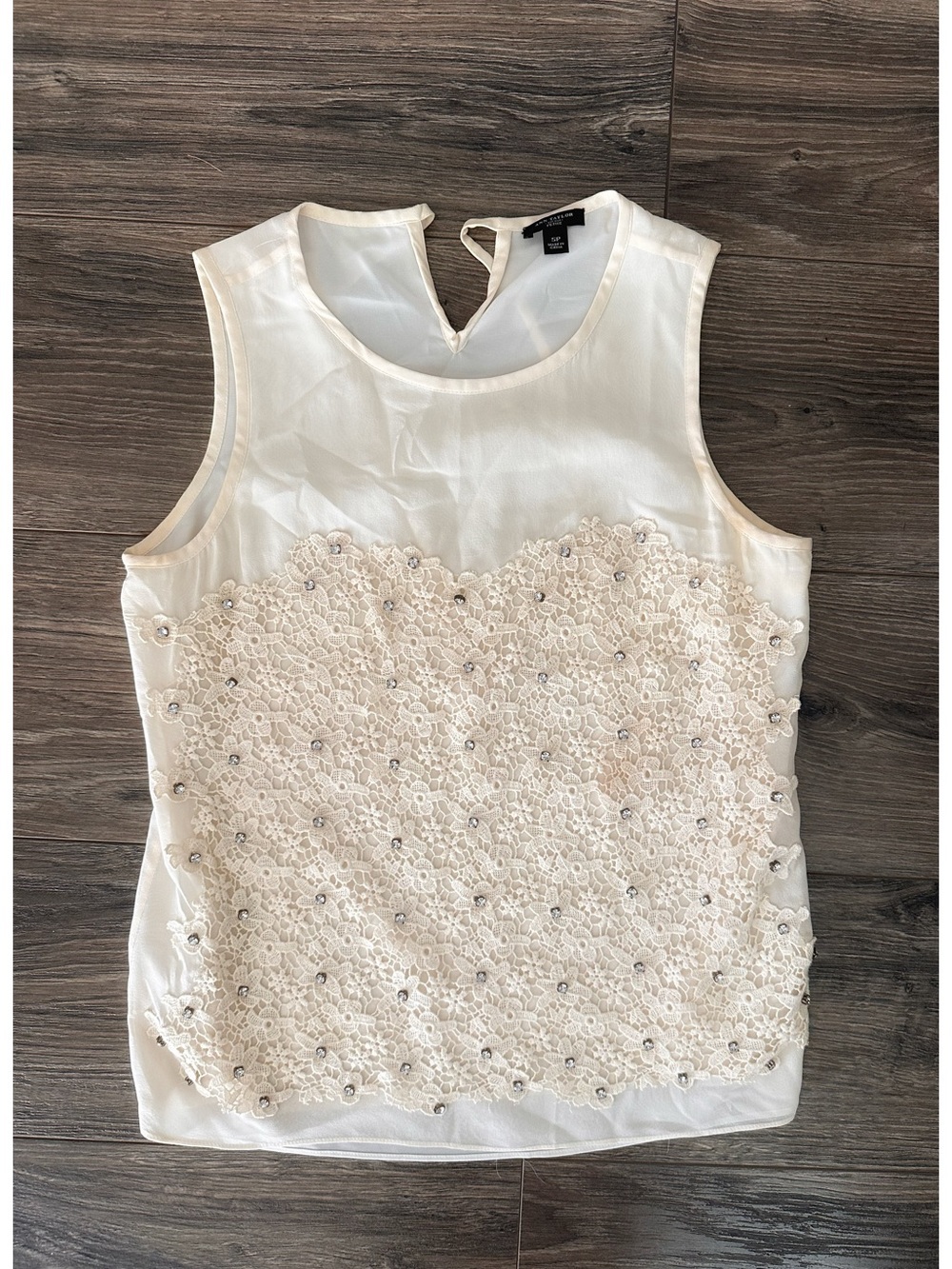 Ann Taylor Cream Lace Appliqué and Rhinestone Blouse